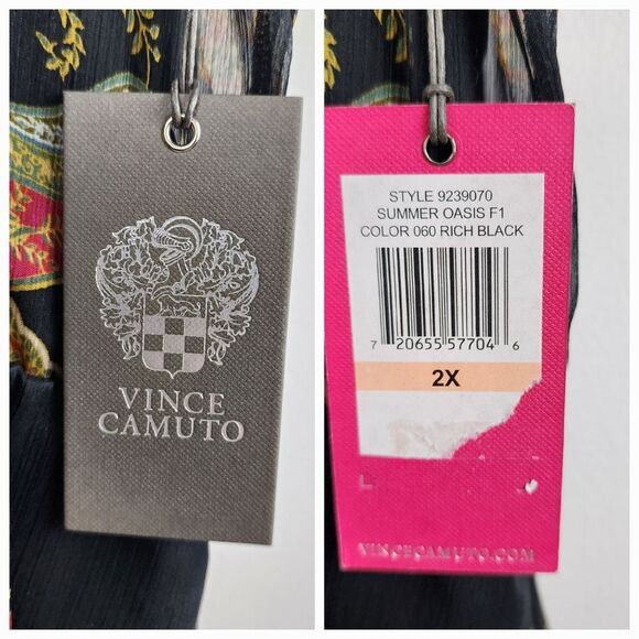 Vince Camuto Asymmetric Blouse Top Paisley Cinch Waist Lined Rich Black Size 2X - Picture 7 of 16